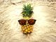 A pineapple with sunglasses on a beach