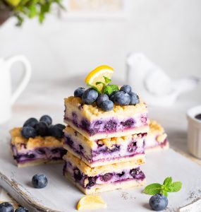 Blueberry pie with cottage cheese on white plate